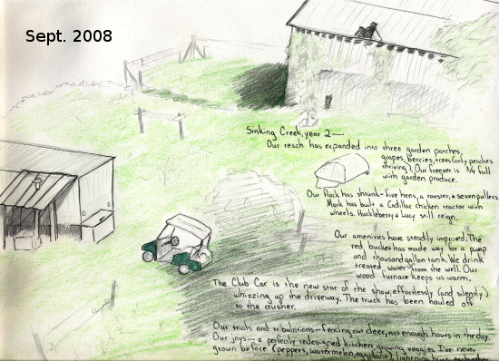 2008 yard drawing with barn and golf cart.