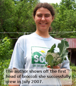 The author shows off the first head of lettuce she successfully
grew in July 2007.