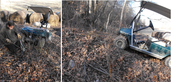 Winching the golf cart up the hill