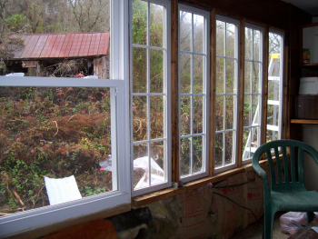 Installing windows in the trailer.