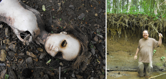 Doll in the creek gravel and river cane.