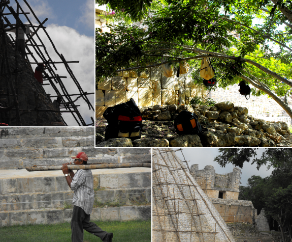 Workers repairing the Magician's Pyramid at Uxmal