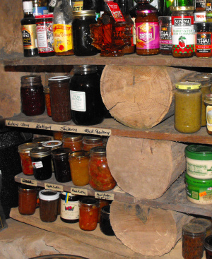 Homemade shelves and canned food.