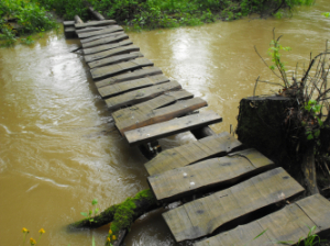 Footbridge over flooded waters