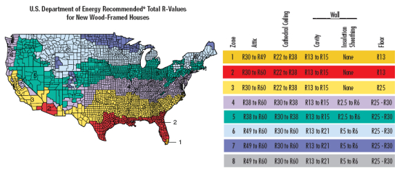 EPA's recommended r-value for insulation in different parts of the house and U.S.