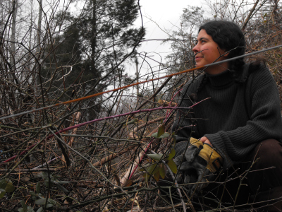 Anna in front of a brush pile