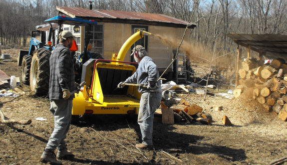 Rented wood chipper in action