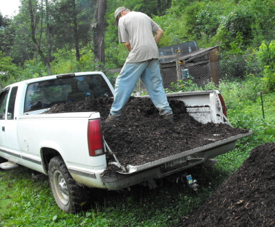 truck load of mulch being shoveled