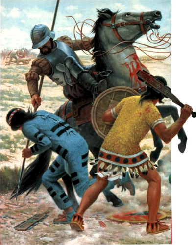 Conquistador fighting Incas from horseback