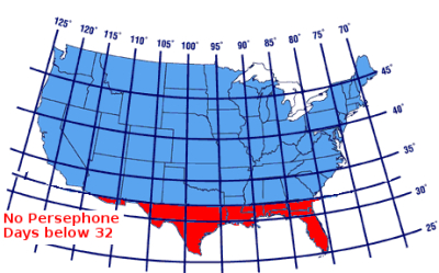 Location of Persephone days on a map of U.S. with latitude