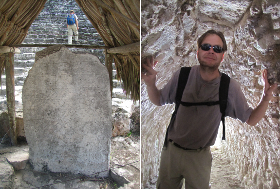 Mark exploring stelae and tunnels at Coba