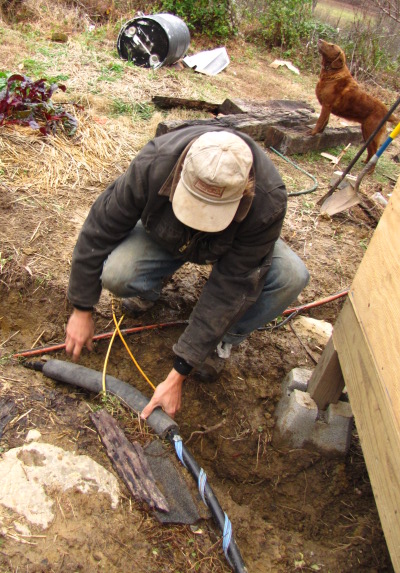 Lucy looking at the sky with man working on frozen pipe