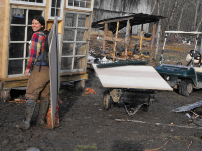 Hauling plywood by tying it to my back.