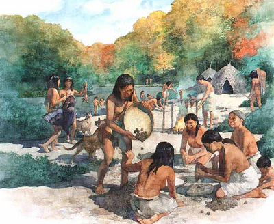 Native Americans from the Archaic period preparing hickory nuts