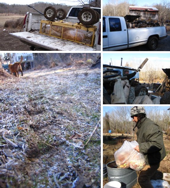 frozen ground with firewood off loading images and food scrap transportation across a driveway that was muddy and is now frozen