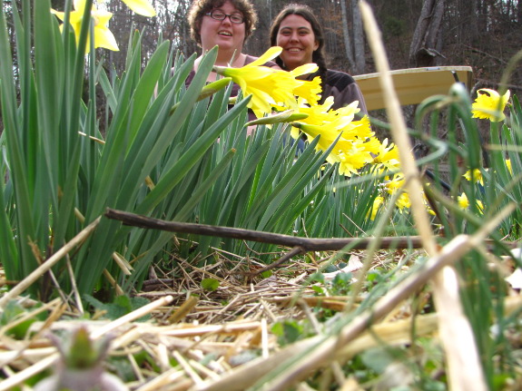 Maggie and me in front of daffodils