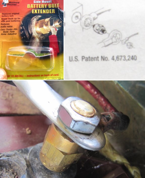 Side mount battery bolt extender product being used as a self tapping terminal repair unit / fixer