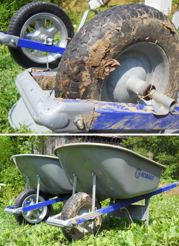 pair of Kobalt wheelbarrows next to each other