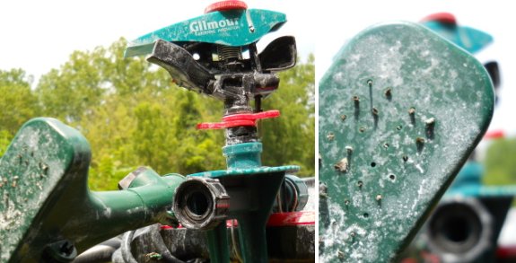 multiple sprinklers that have been clogged with soapy water on purpose for an experiment