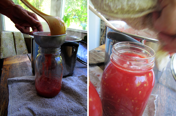 Filling jars with tomatoes