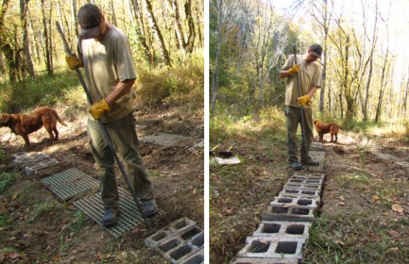 repairing worn down driveway ruts with cinder blocks and sweat