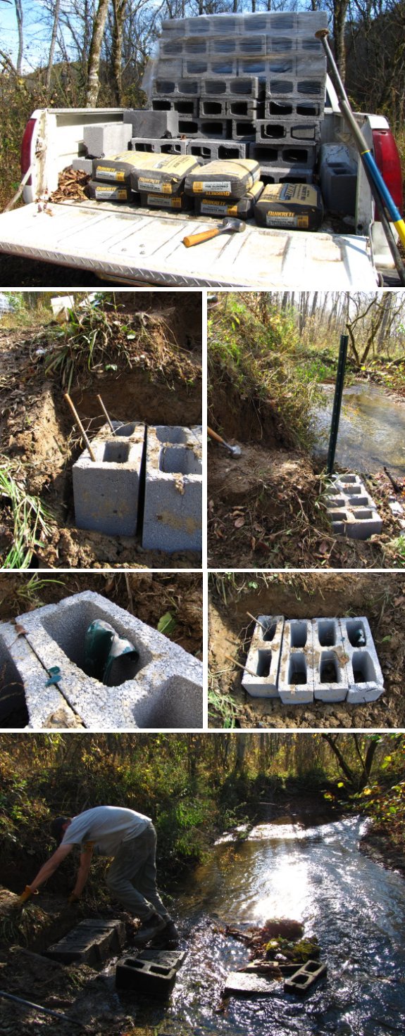 making creek steping stones with cinder blocks