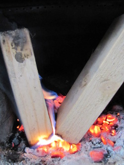 Char a block in the wood stove