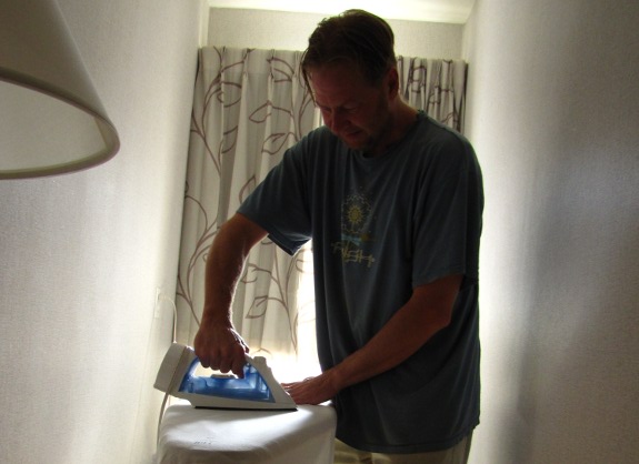 ironing a shirt for Jay's wedding