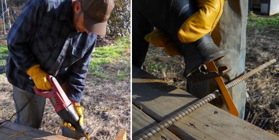 reciprocating sawing through rebar to make quick hoop stakes