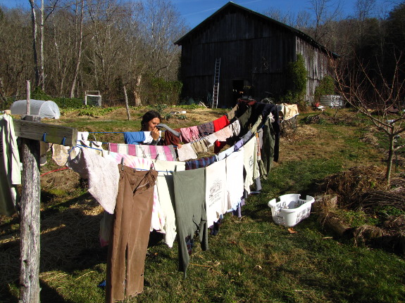 Drying clothes on the line in the winter