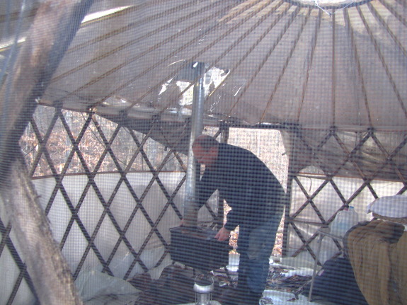 Wood stove in yurt