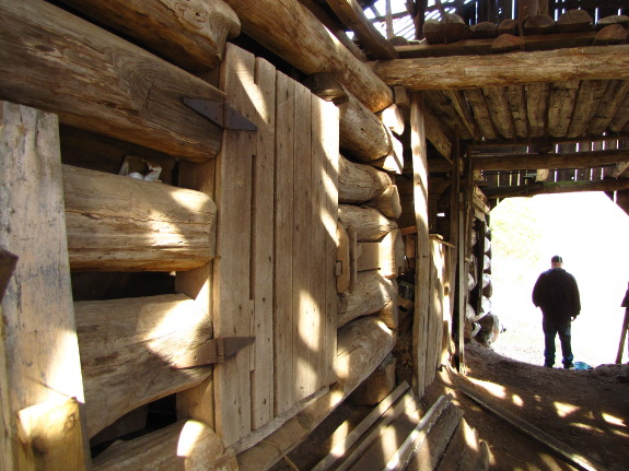 Inside log barn