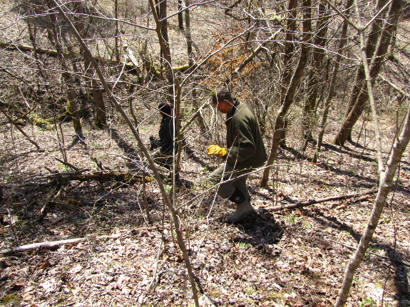 Walking down a steep hillside