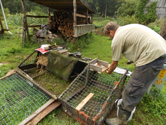 fixing the nest box on a chicken tractor