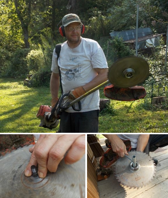 using a circular saw blade in a weed trimmer eater