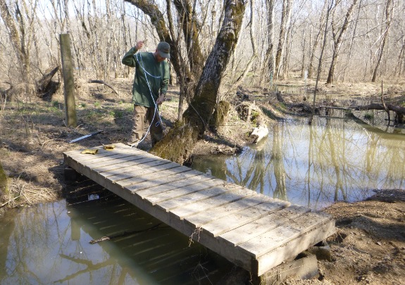 tethering foot bridge over swamp