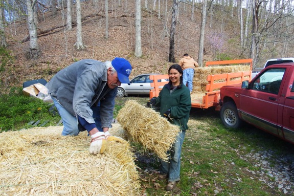 Anna and Walter putting up straw bales