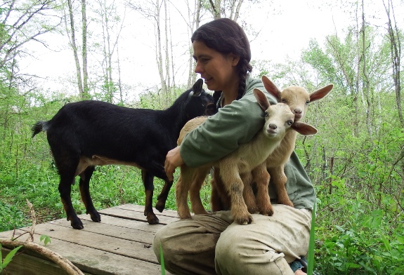 anna with new kids on goat deck