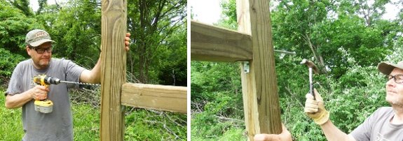 Securing a brace post with a 10 inch nail and drill bit.