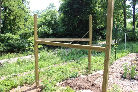 Full view of garden fence corner brace post.